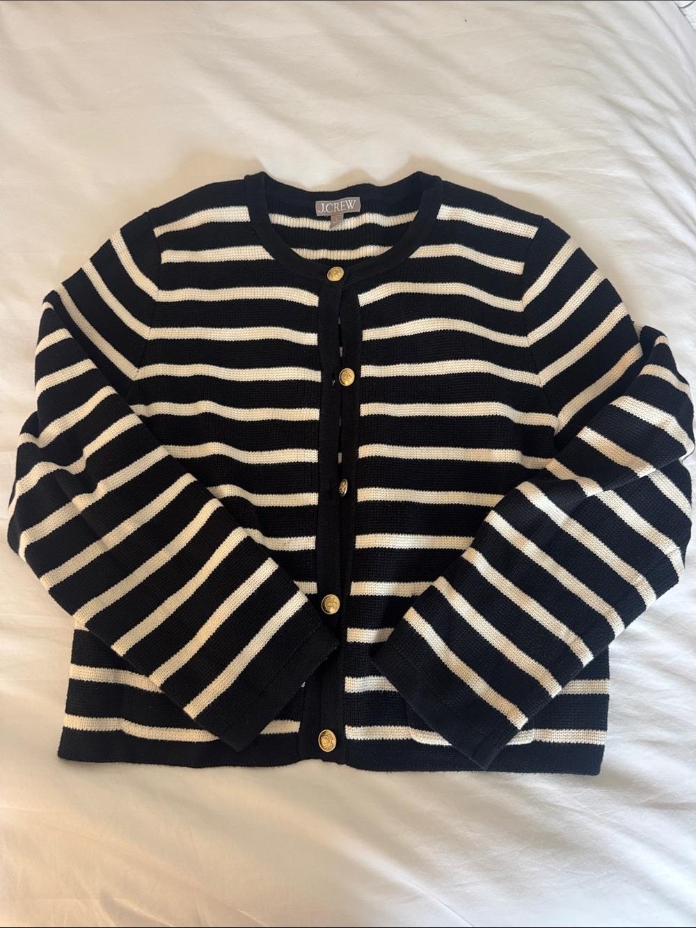 J. Crew Navy and White Striped Button-Front Knit Cardigan Lady Jacket